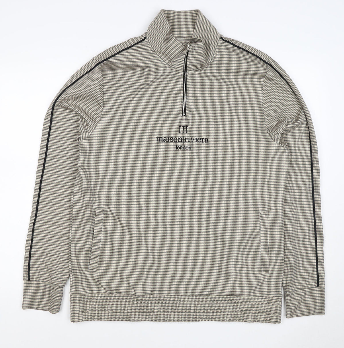 Back view of Maison Riviera Men's Beige L 1/4 Zip Check Sweatshirt Pockets