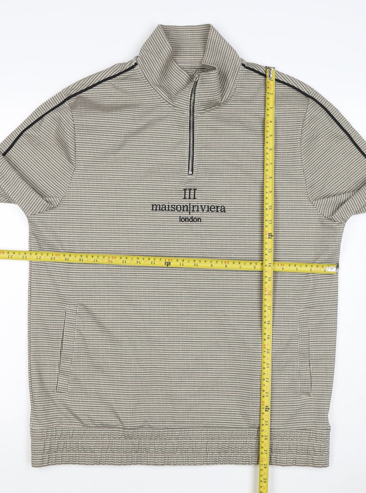 Brand and care label for Maison Riviera Men's Beige L 1/4 Zip Check Sweatshirt Pockets