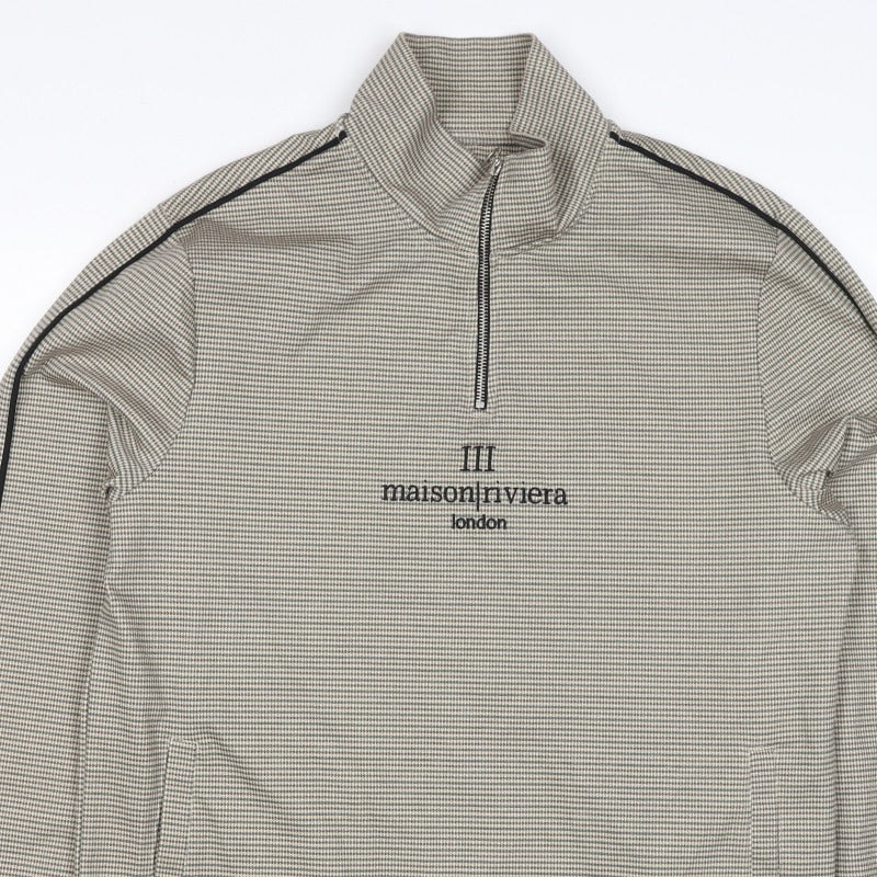 Additional view of Maison Riviera Men's Beige L 1/4 Zip Check Sweatshirt Pockets