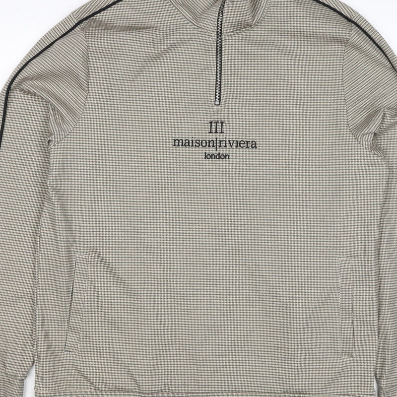 Additional view of Maison Riviera Men's Beige L 1/4 Zip Check Sweatshirt Pockets
