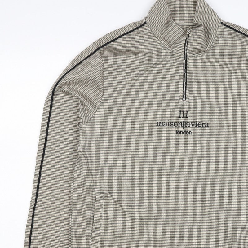 Additional view of Maison Riviera Men's Beige L 1/4 Zip Check Sweatshirt Pockets
