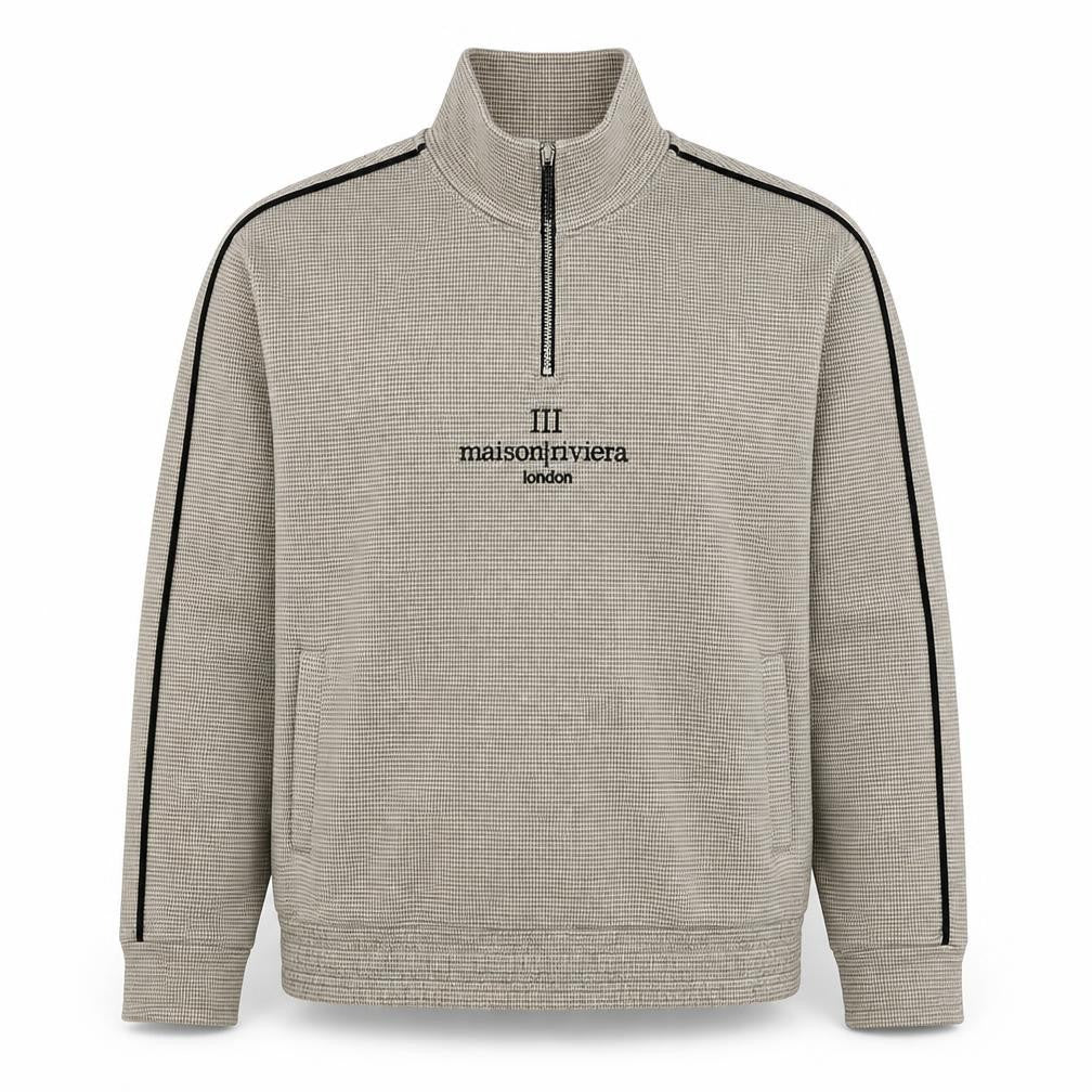 Front view of Maison Riviera Men's Beige L 1/4 Zip Check Sweatshirt Pockets