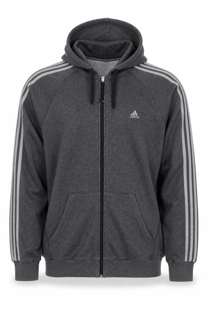 Adidas Men's Grey M Full Zip Hooded 3 Stripe Hoodie