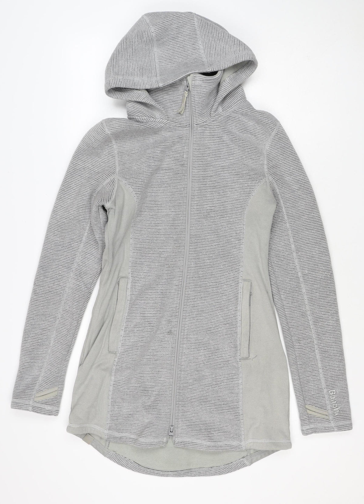 Bench Women Grey L Full Zip Hooded Ribbed Sweatshirt Zip Pockets