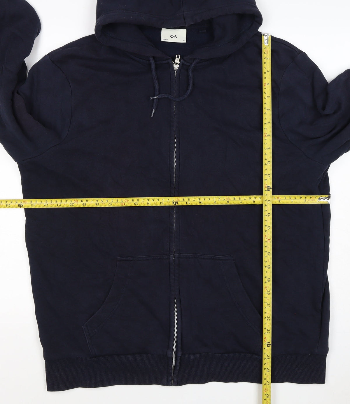Brand and care label for C&A Men’s Blue XL Full Zip Hooded Fleece Hoodie Pockets