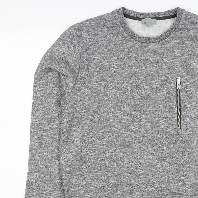 COS Men’s Grey Marl M Crew Neck Cotton Sweatshirt Zip Pocket