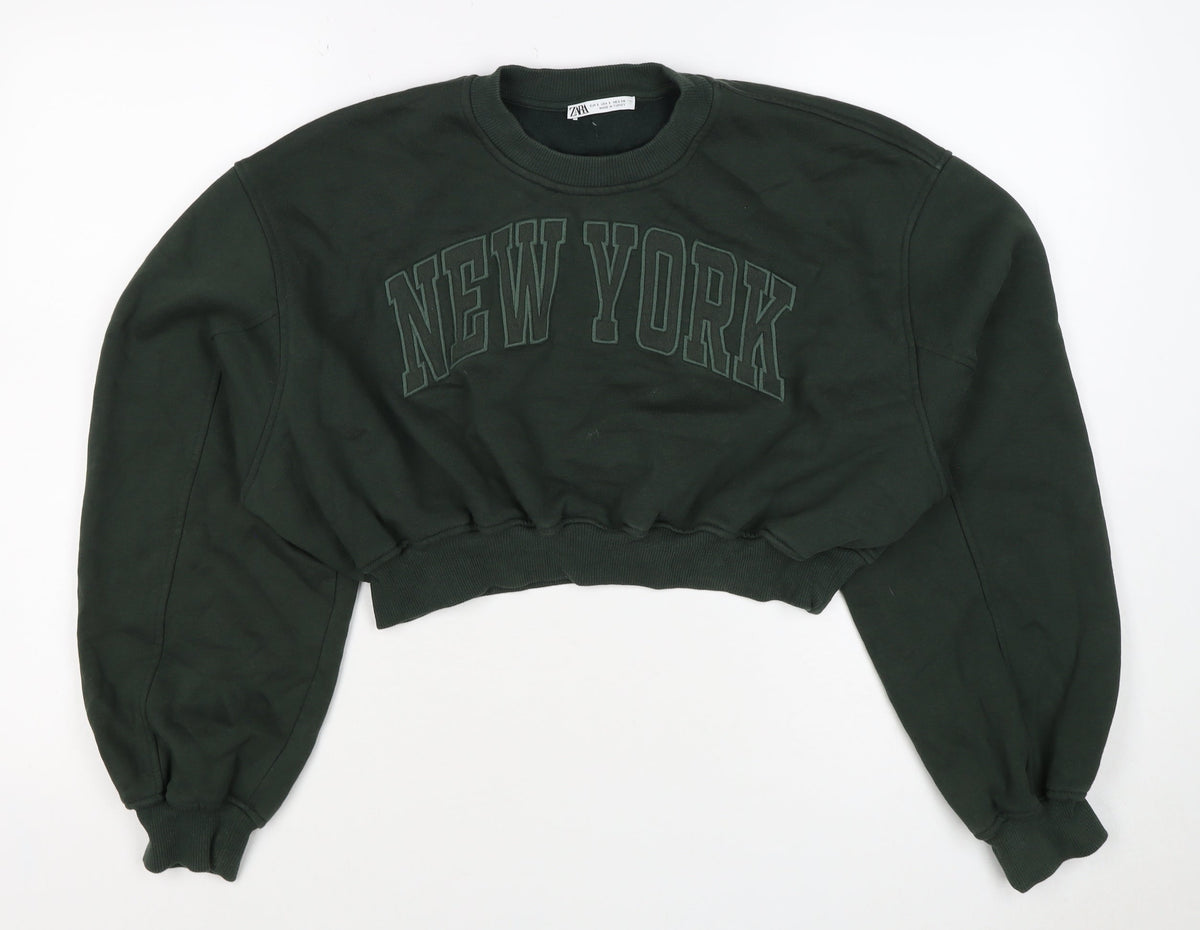 Zara Women’s Green S New York Cropped Pullover Sweatshirt