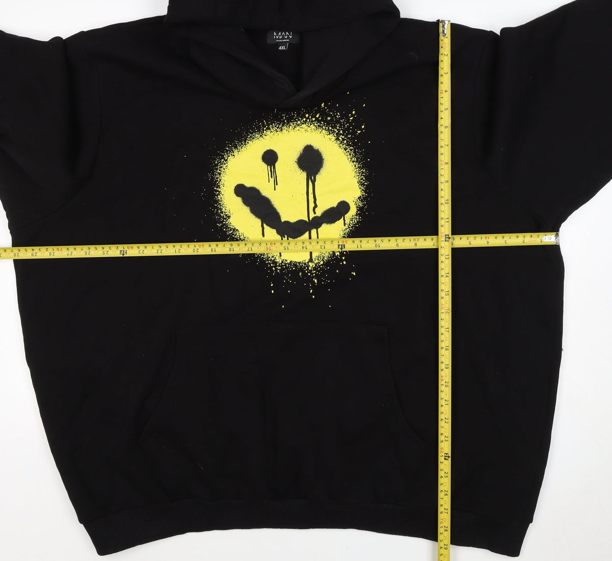 boohooMAN Men’s Black 4XL Pullover Hoodie Yellow Smiley Graphic