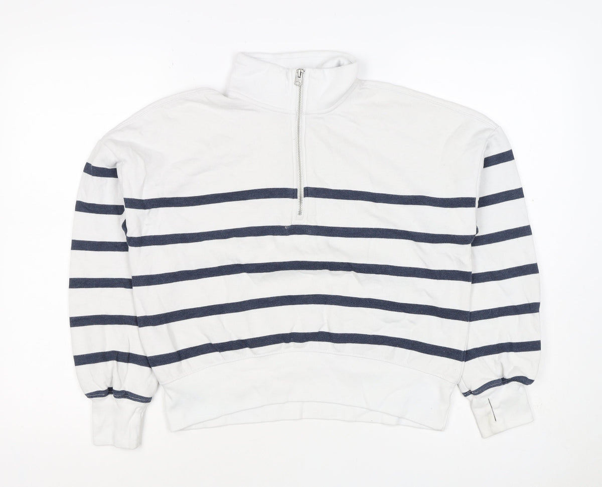 Back view of Abercrombie Kids girls’ white navy striped 13-14 years 1/4 zip sweatshirt