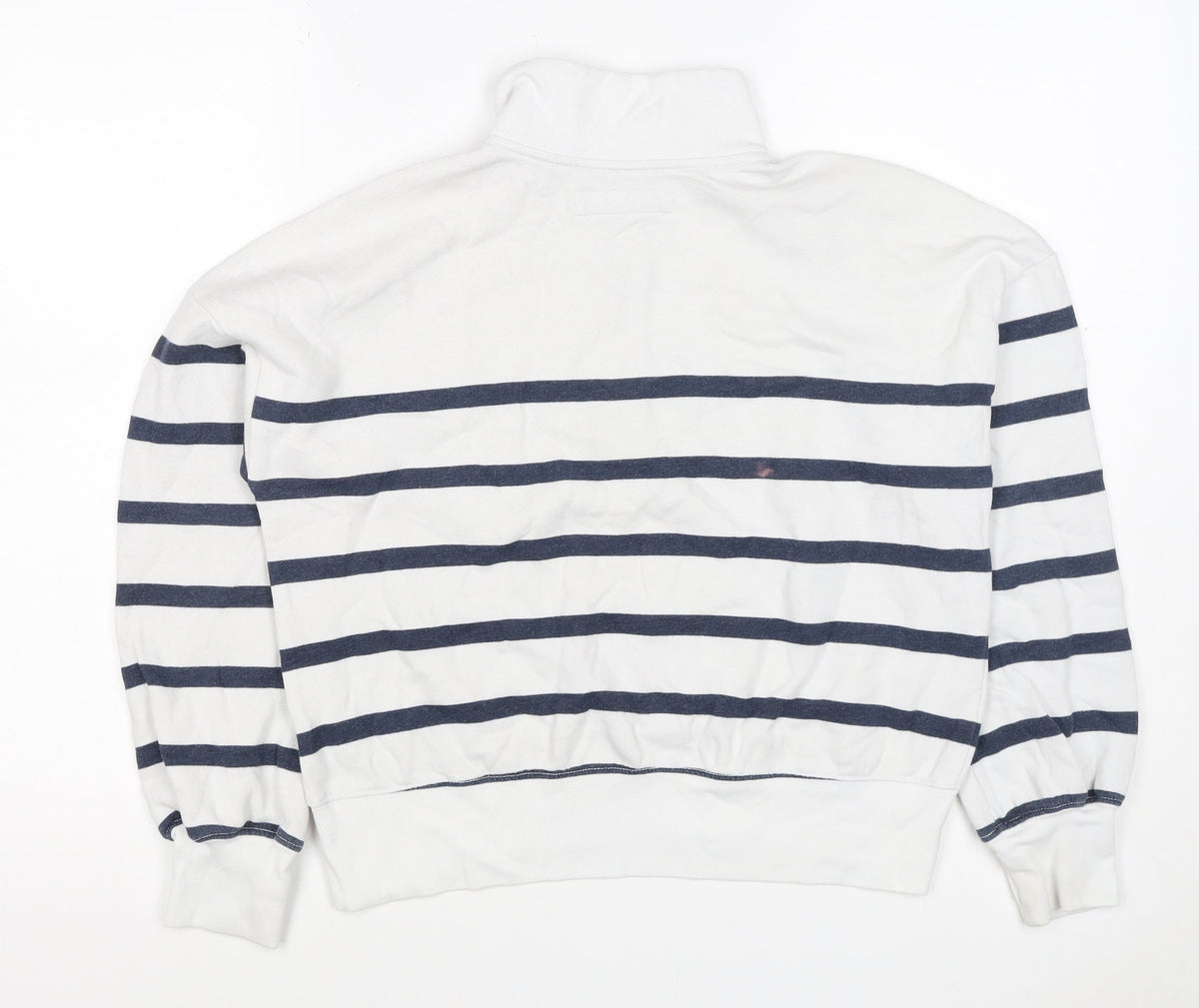 Close-up detail of Abercrombie Kids girls’ white navy striped 13-14 years 1/4 zip sweatshirt