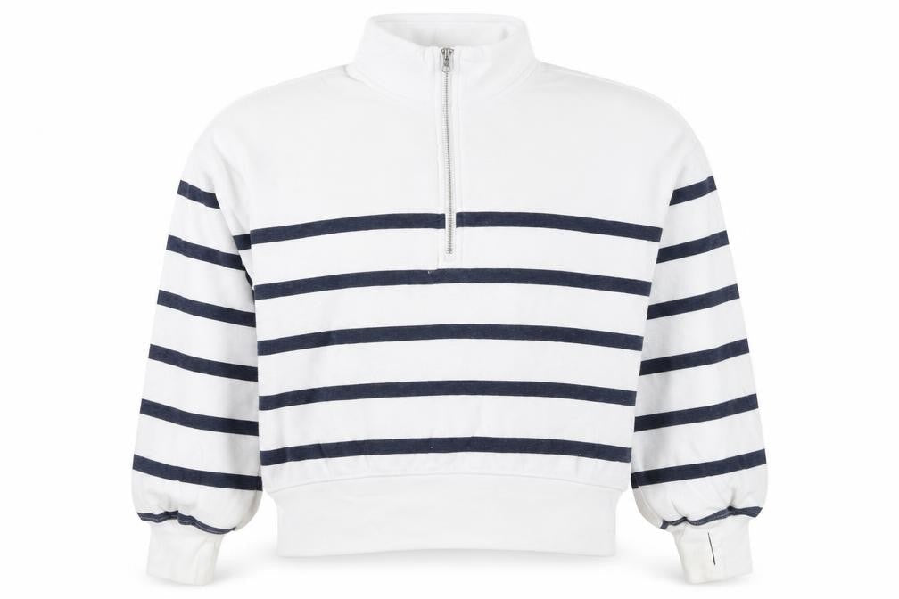 Front view of Abercrombie Kids girls’ white navy striped 13-14 years 1/4 zip sweatshirt