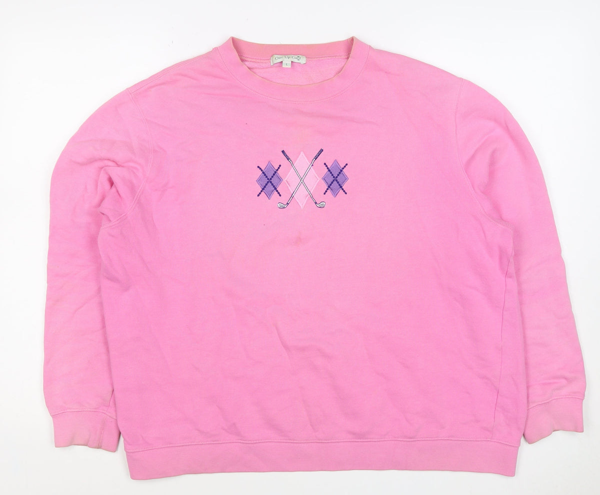 One Up Golf Women’s Pink L Argyle Embroidered Cotton Sweatshirt