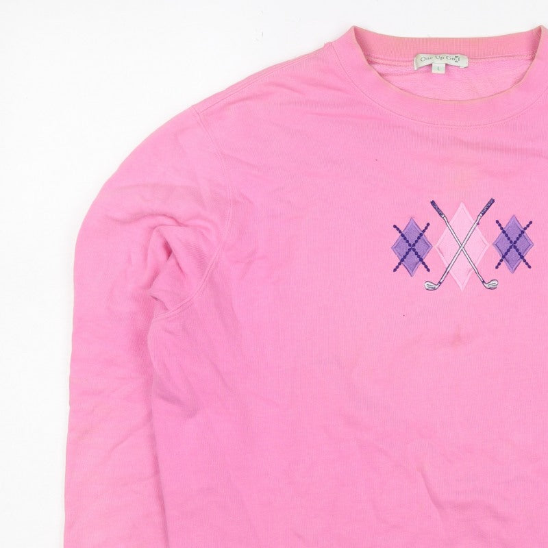One Up Golf Women’s Pink L Argyle Embroidered Cotton Sweatshirt