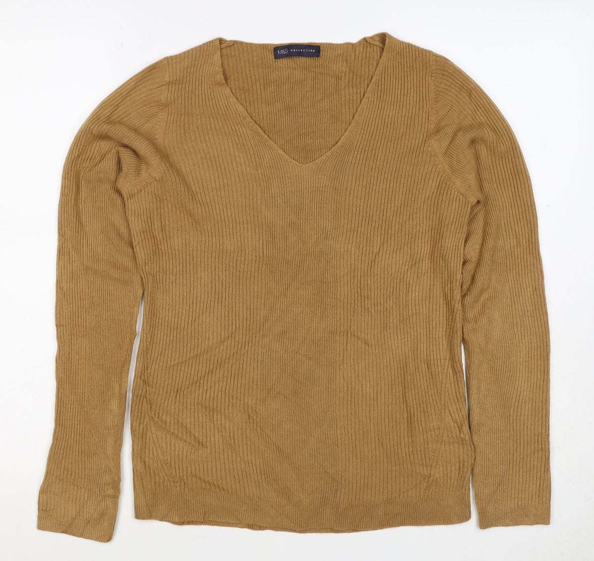 Marks and Spencer Women Brown Size 12 Cashmere Ribbed V-Neck Jumper