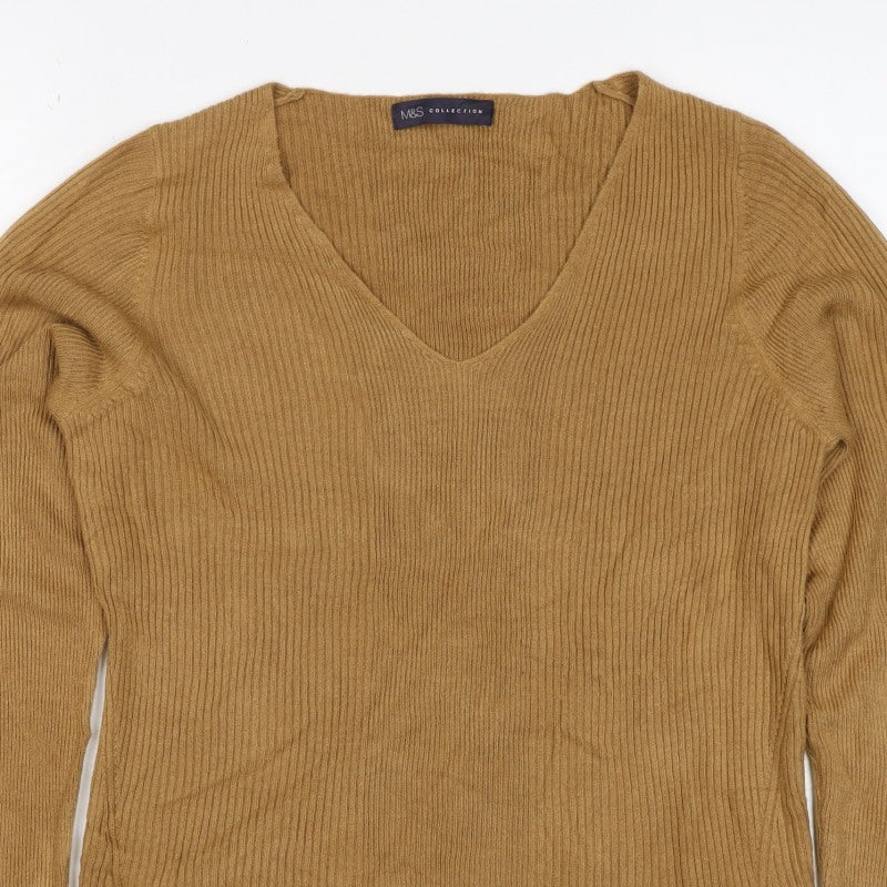 Marks and Spencer Women Brown Size 12 Cashmere Ribbed V-Neck Jumper
