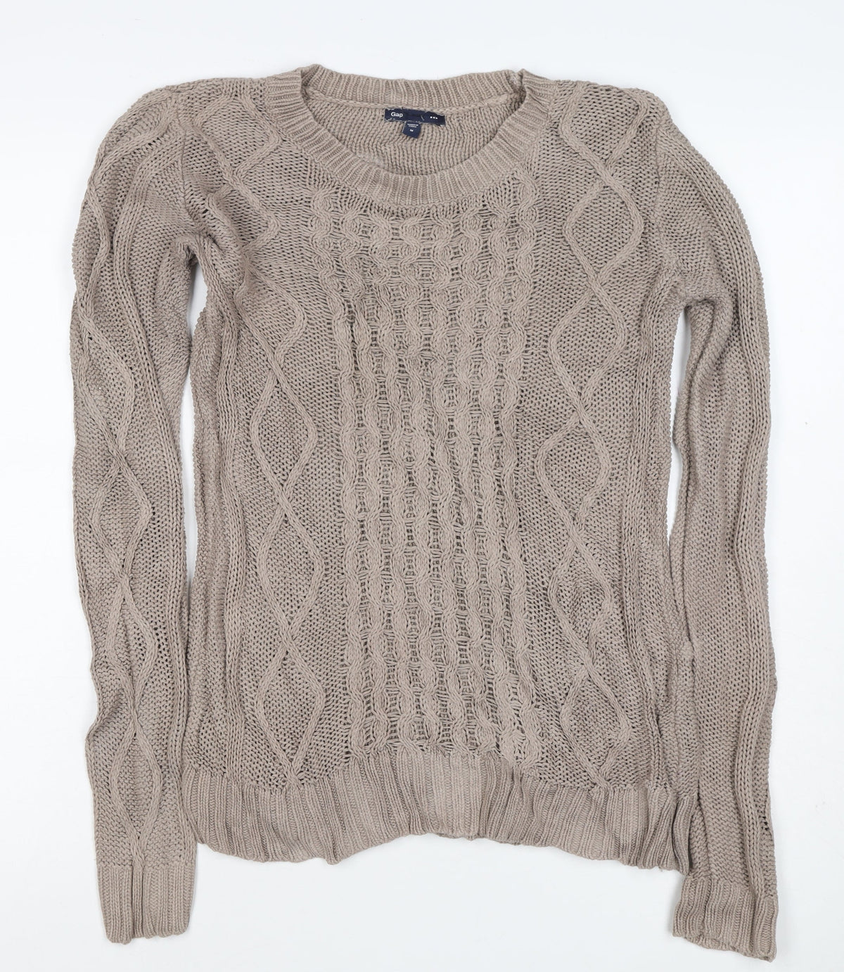 Gap Women Beige M Cable-Knit Crew Neck Cotton Blend Jumper