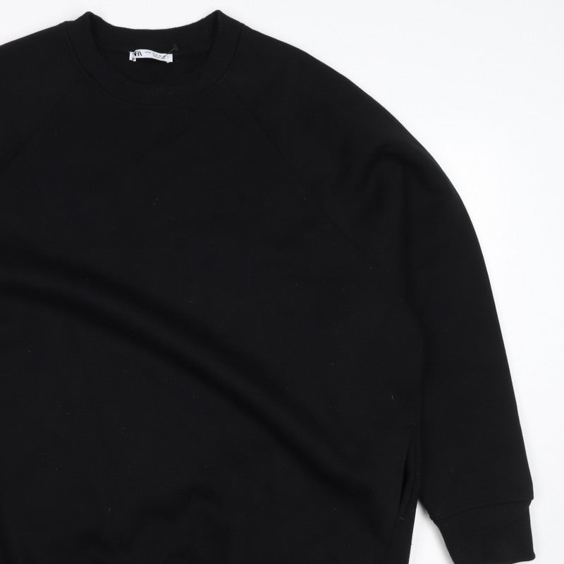 Zara Women Black M Pullover Sweatshirt Raglan Crew Neck Pockets