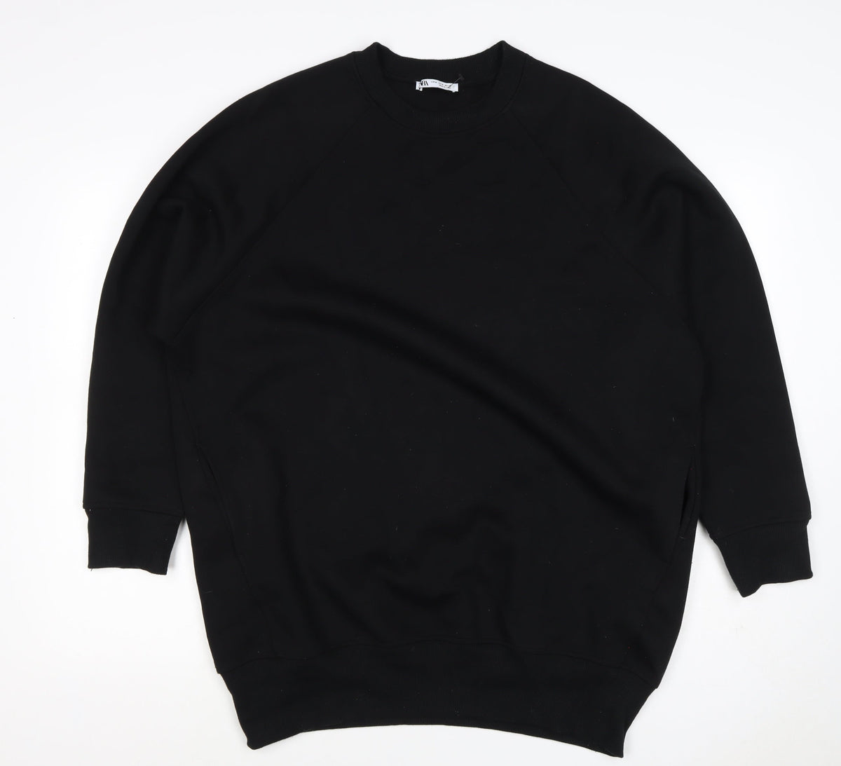Zara Women Black M Pullover Sweatshirt Raglan Crew Neck Pockets