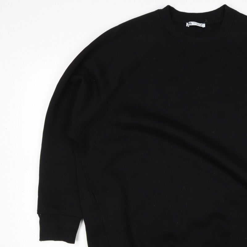 Zara Women Black M Pullover Sweatshirt Raglan Crew Neck Pockets