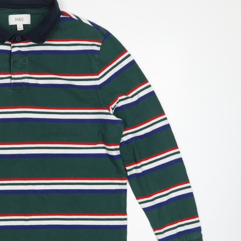 M&S Mens Green Striped Long Sleeve Cotton Polo Shirt XL Regular