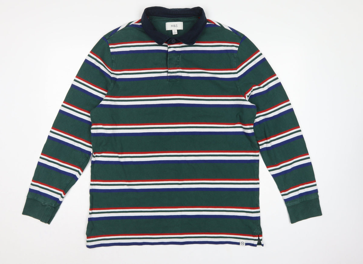 M&S Mens Green Striped Long Sleeve Cotton Polo Shirt XL Regular