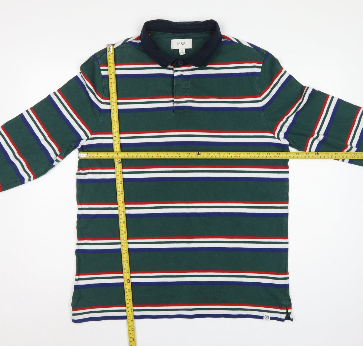 M&S Mens Green Striped Long Sleeve Cotton Polo Shirt XL Regular
