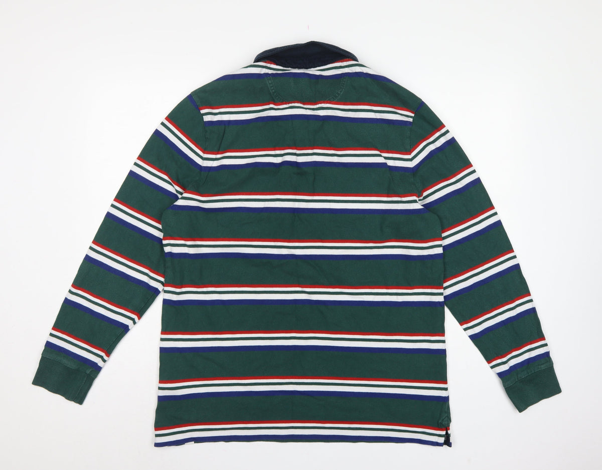 M&S Mens Green Striped Long Sleeve Cotton Polo Shirt XL Regular