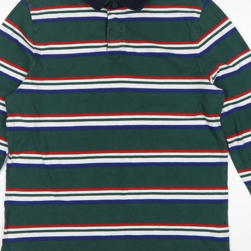 M&S Mens Green Striped Long Sleeve Cotton Polo Shirt XL Regular