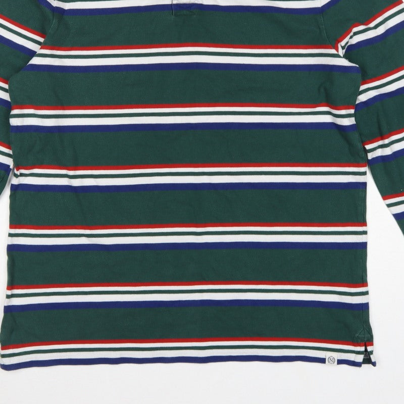 M&S Mens Green Striped Long Sleeve Cotton Polo Shirt XL Regular