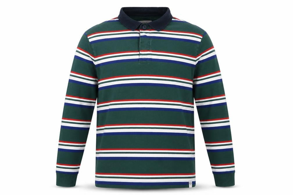 M&S Mens Green Striped Long Sleeve Cotton Polo Shirt XL Regular