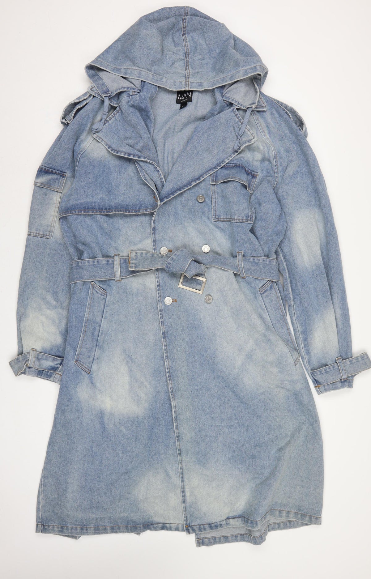 boohooMAN Men’s Blue Denim Hooded Belted Long Trench Coat Size L