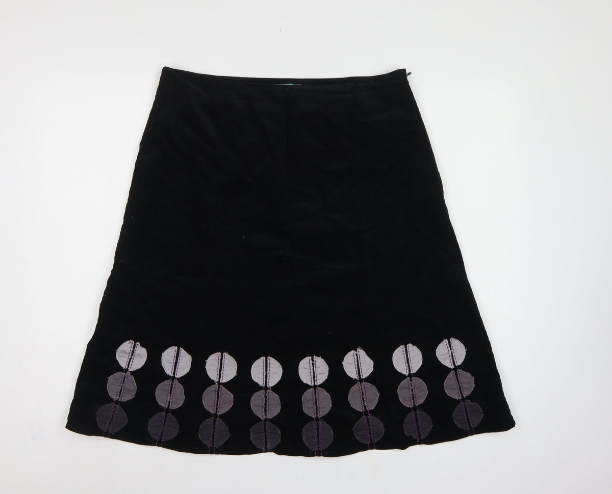 Boden Women Black UK 14 A-Line Corduroy Embroidered Knee Skirt