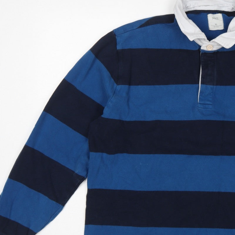Marks & Spencer Men's Blue XL Striped Long Sleeve Rugby Polo Shirt