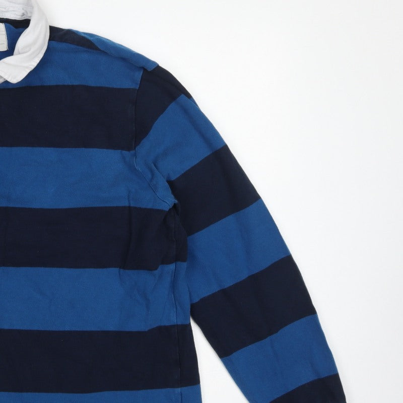 Marks & Spencer Men's Blue XL Striped Long Sleeve Rugby Polo Shirt