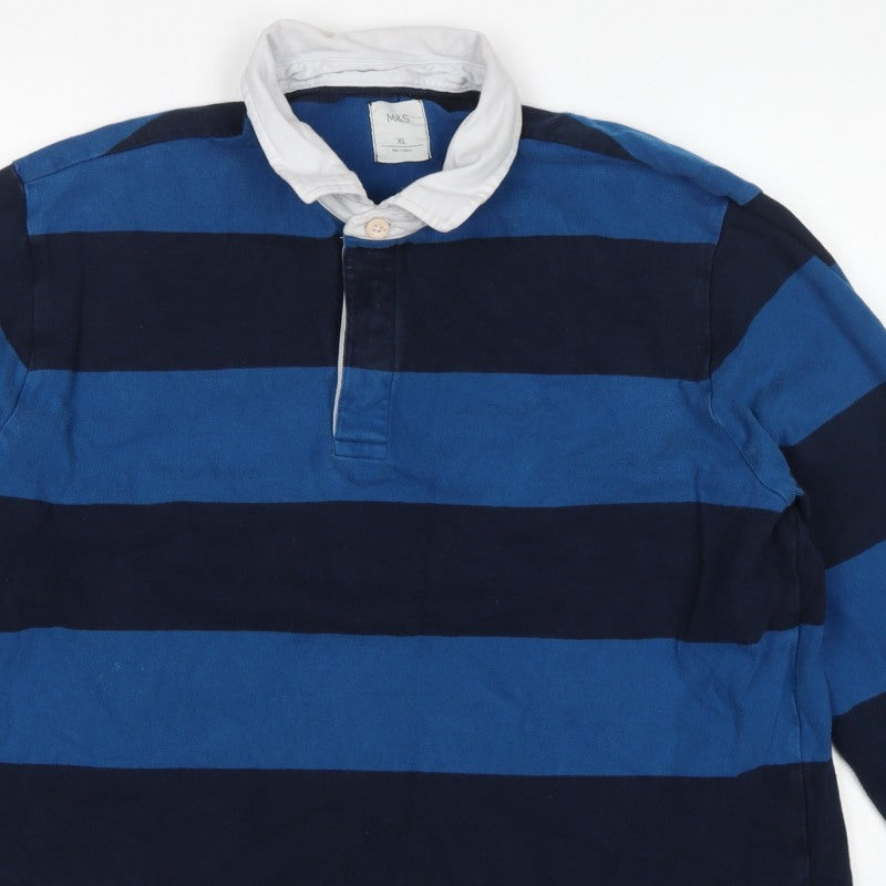 Marks & Spencer Men's Blue XL Striped Long Sleeve Rugby Polo Shirt