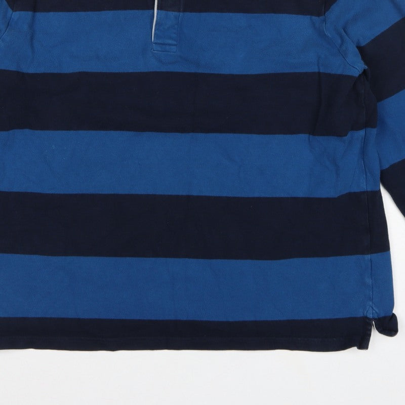 Marks & Spencer Men's Blue XL Striped Long Sleeve Rugby Polo Shirt