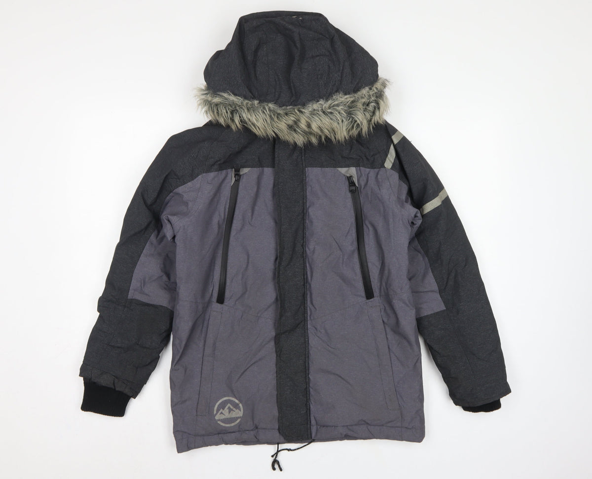 Next Boys Grey Black 11 Years Parka Jacket Hooded Faux Fur Trim Winter