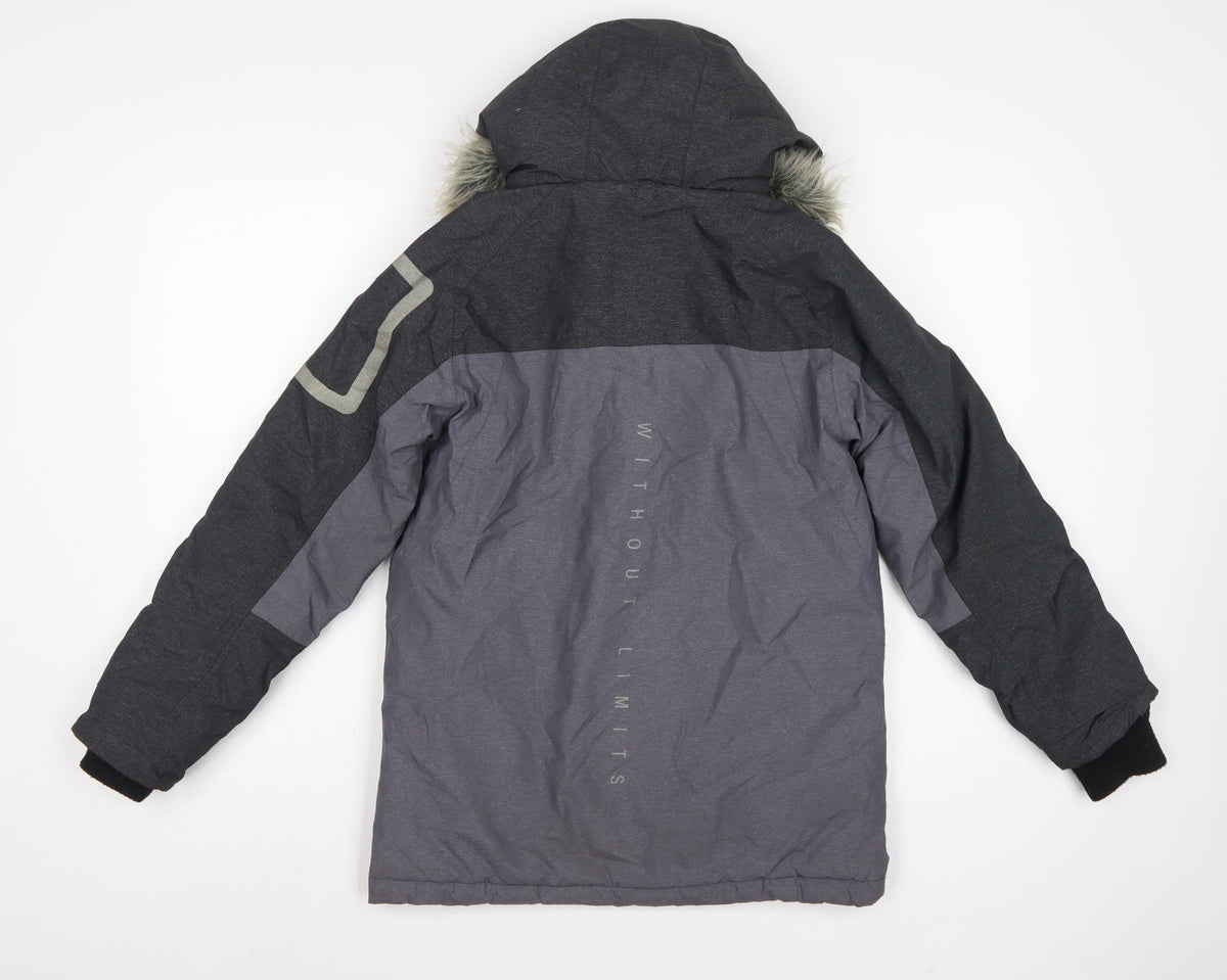 Next Boys Grey Black 11 Years Parka Jacket Hooded Faux Fur Trim Winter
