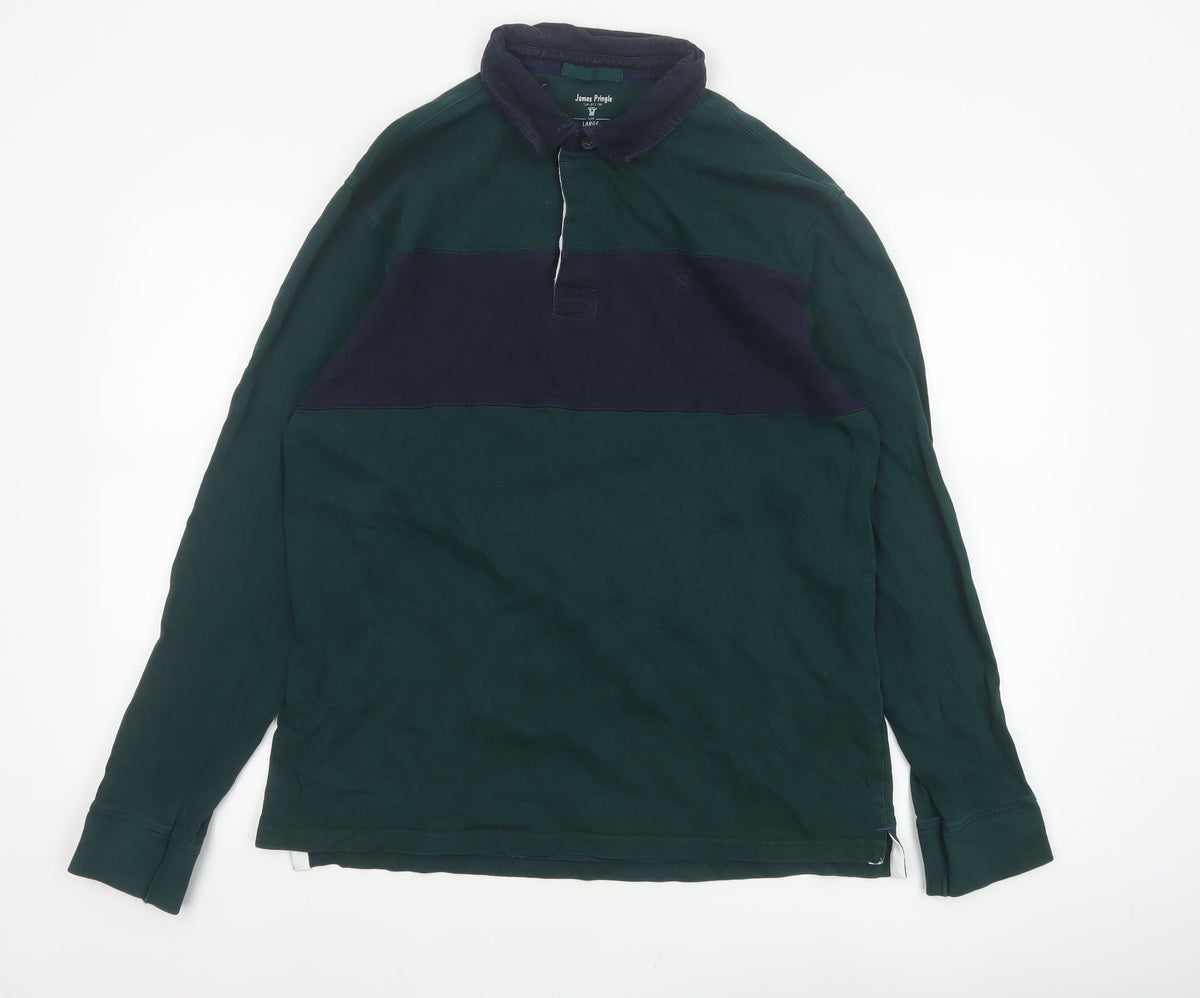 Back view of James Pringle Men’s Green Navy Colourblock Long Sleeve Polo L