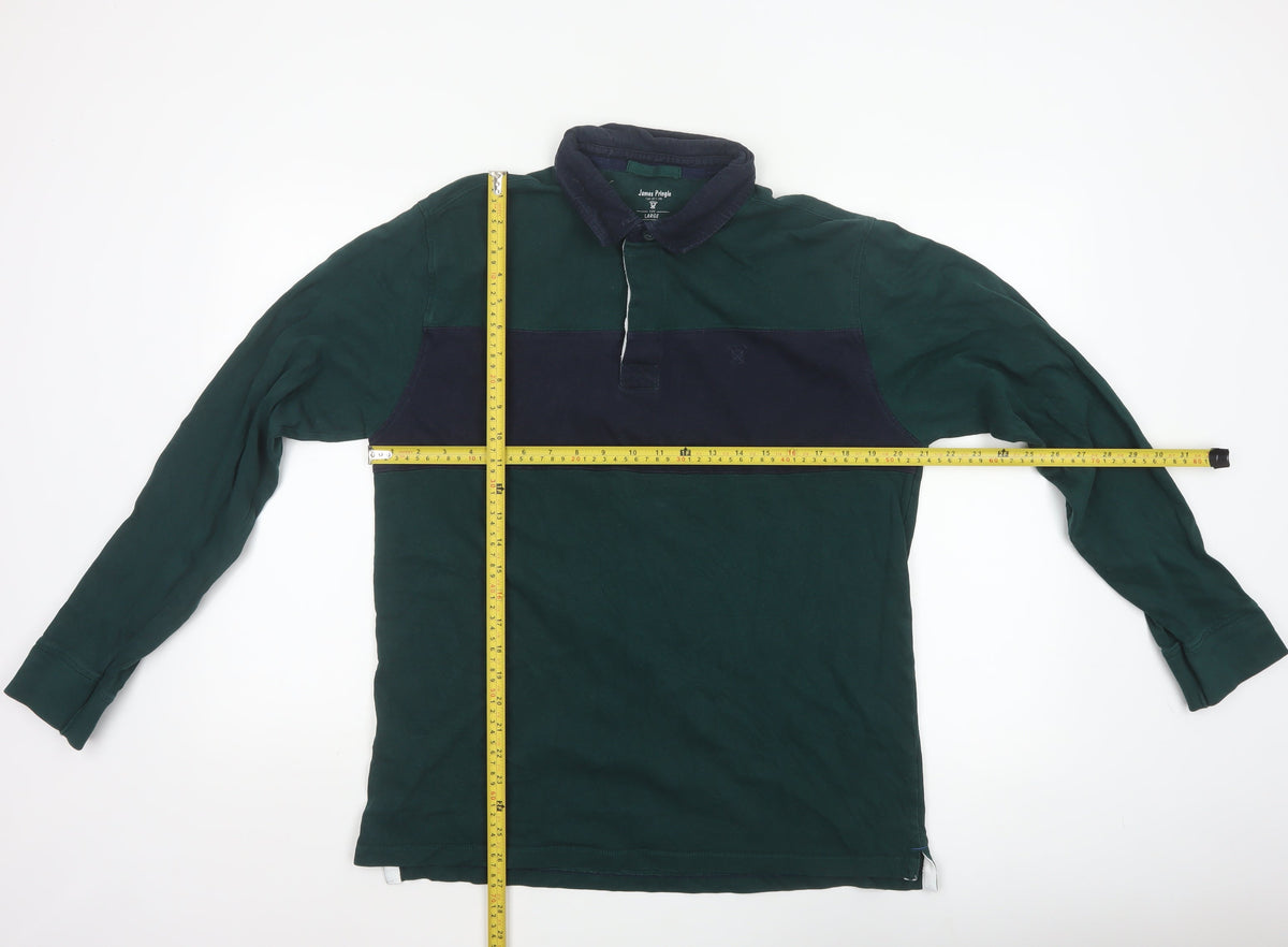 Close-up detail of James Pringle Men’s Green Navy Colourblock Long Sleeve Polo L
