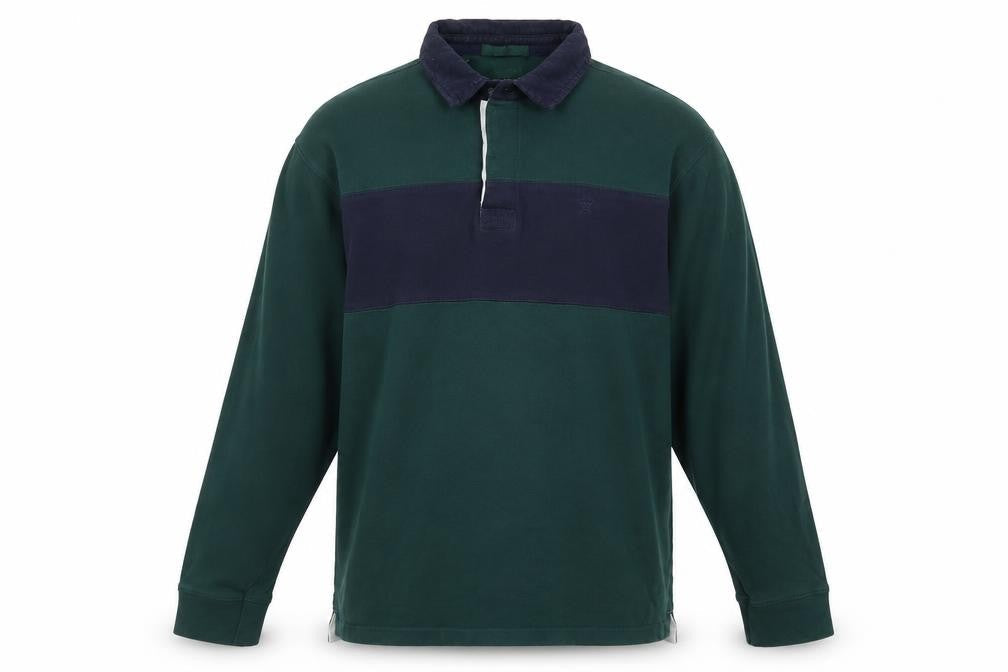 Front view of James Pringle Men’s Green Navy Colourblock Long Sleeve Polo L
