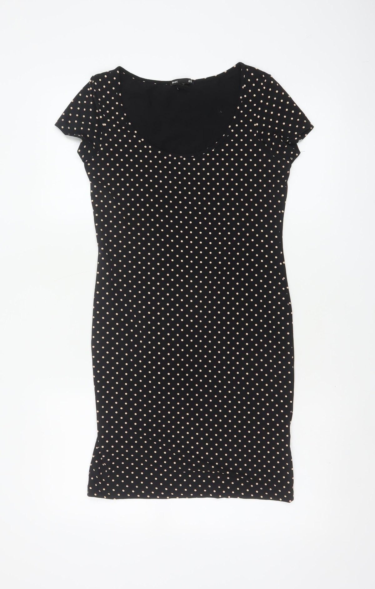 H&M Women Black Ivory Polka Dot S Bodycon Knee Dress Stretch