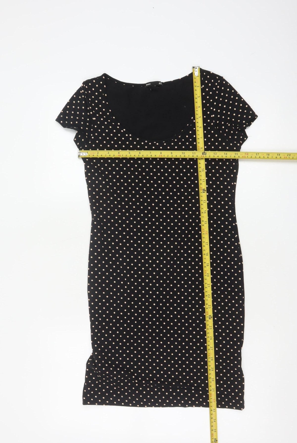 H&M Women Black Ivory Polka Dot S Bodycon Knee Dress Stretch