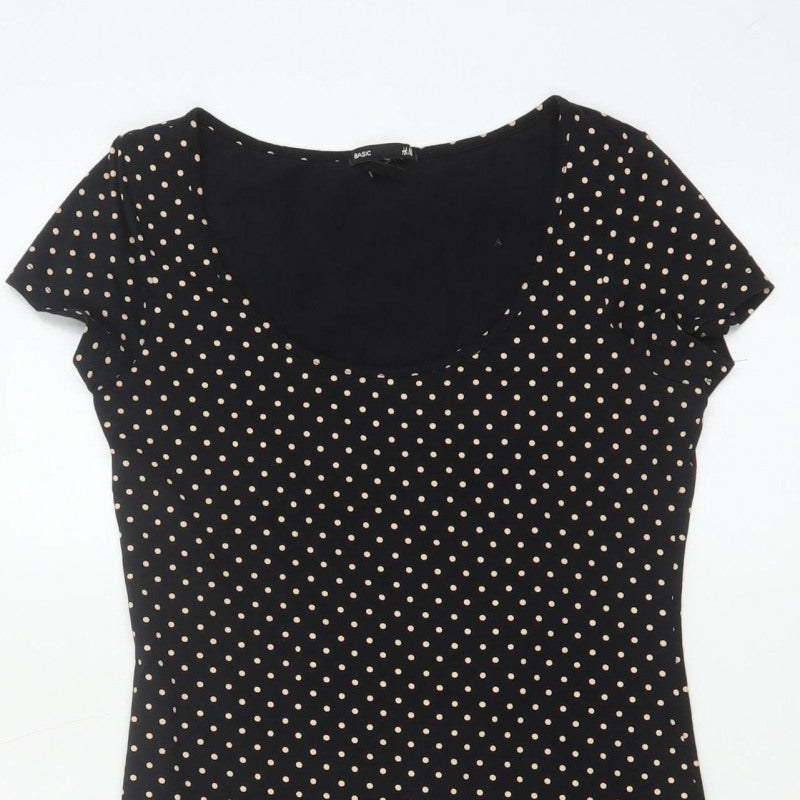 H&M Women Black Ivory Polka Dot S Bodycon Knee Dress Stretch