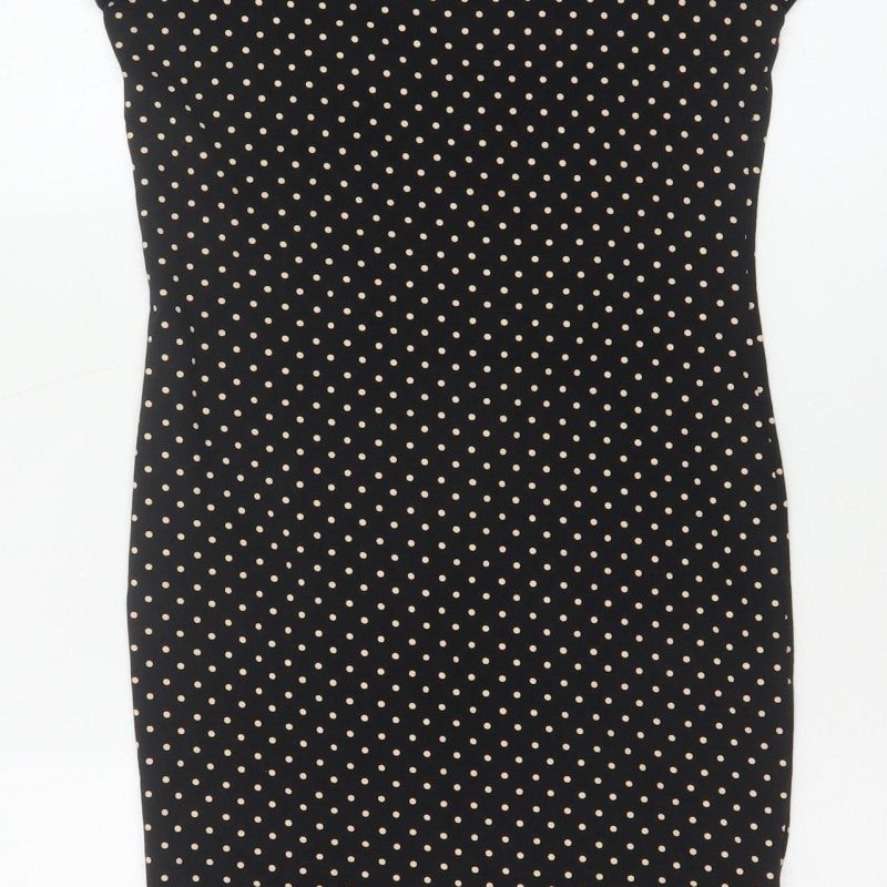 H&M Women Black Ivory Polka Dot S Bodycon Knee Dress Stretch