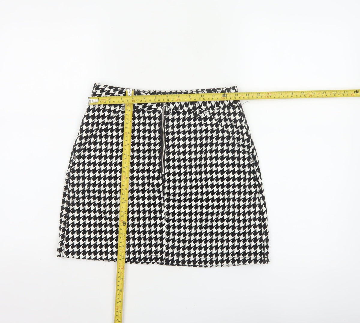 Topshop Women Black White UK 8 A-Line Mini Houndstooth Zip Skirt