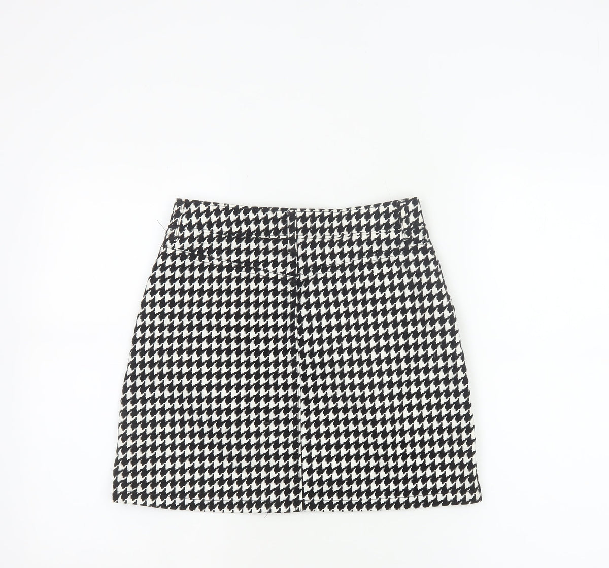 Topshop Women Black White UK 8 A-Line Mini Houndstooth Zip Skirt