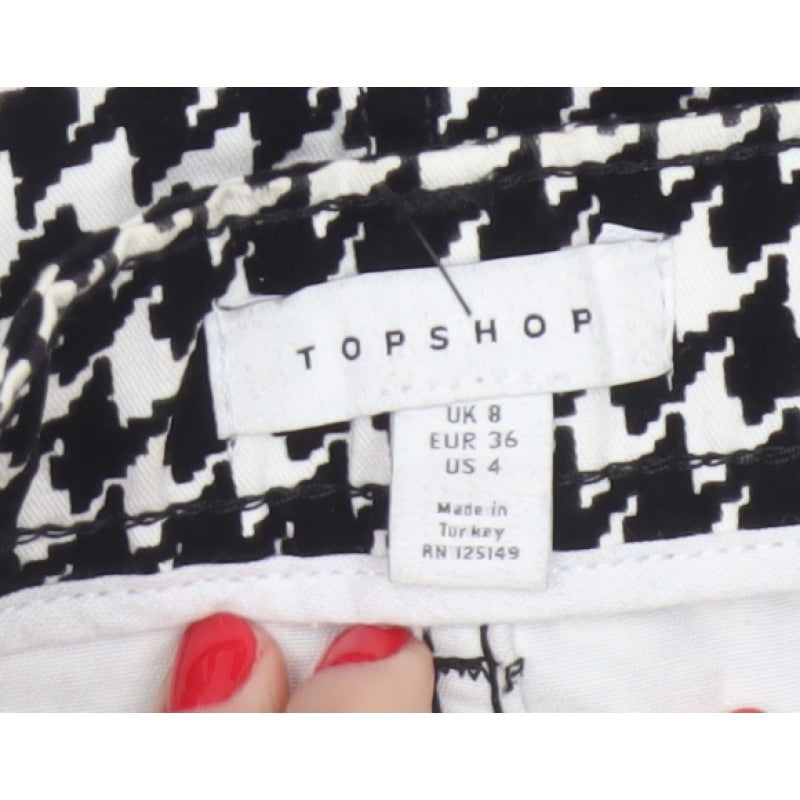 Topshop Women Black White UK 8 A-Line Mini Houndstooth Zip Skirt