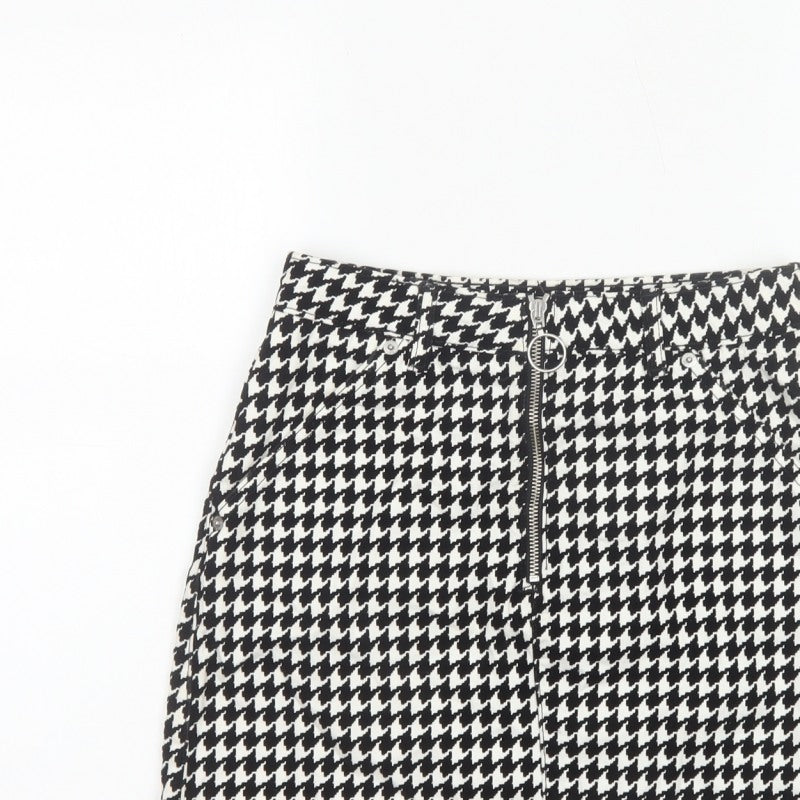Topshop Women Black White UK 8 A-Line Mini Houndstooth Zip Skirt