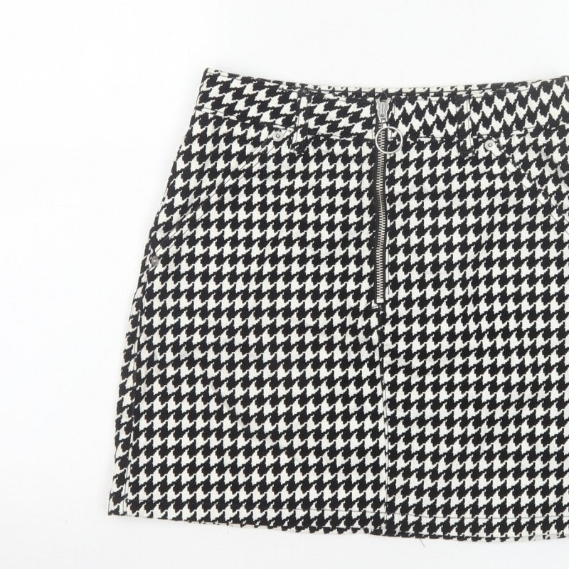 Topshop Women Black White UK 8 A-Line Mini Houndstooth Zip Skirt